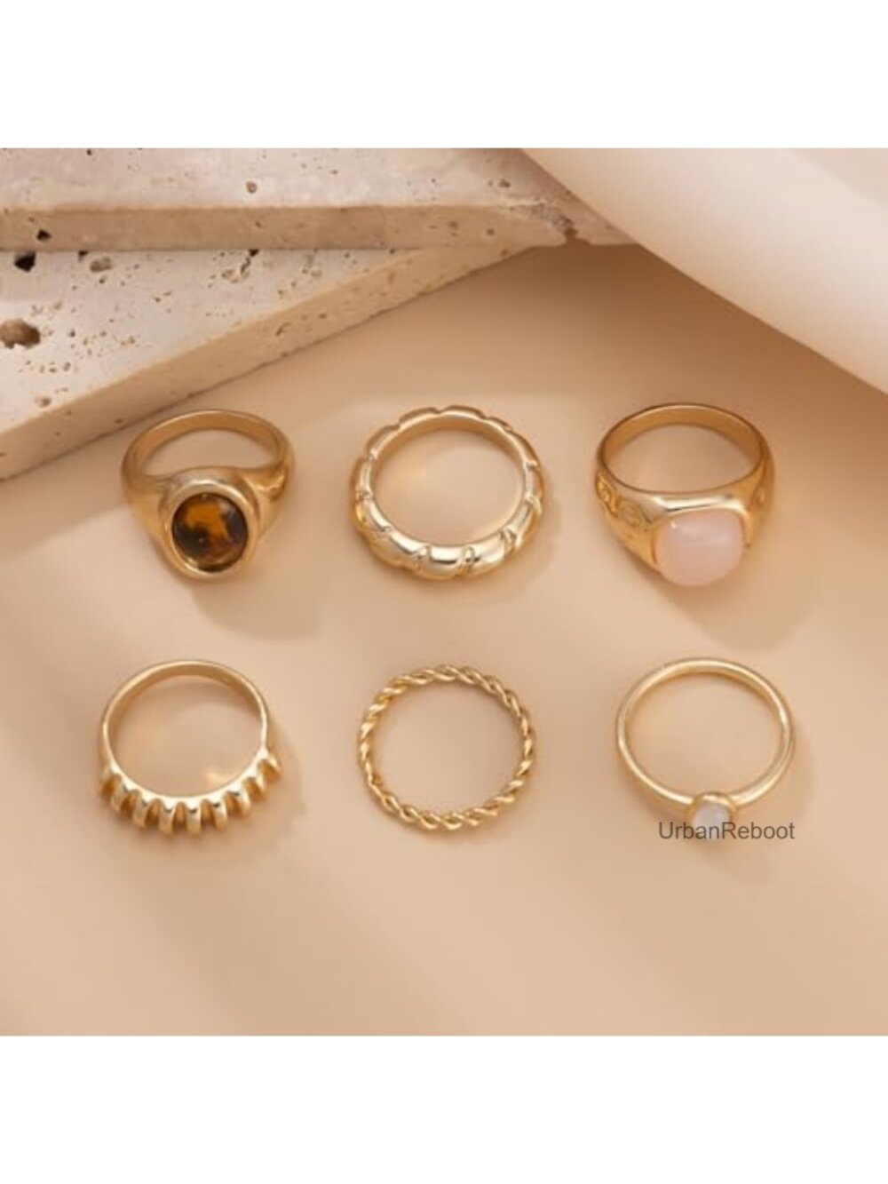 14K Gold Plated Stackable Knuckle Rings Set Chunky Signet Midi Rings - Picture 6 of 6